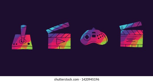 Vector Illustration of Rainbow Polygon Set Collection of Gaming Controller and Film Play Icons. Graphic Design For Background, Poster, Card, Wallpaper, Decoration, Template, Logo and More.