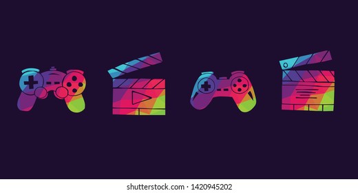 Vector Illustration of Rainbow Polygon Set Collection of Gaming Controller and Film Play Icons. Graphic Design For Background, Poster, Card, Wallpaper, Decoration, Template, Logo and More.