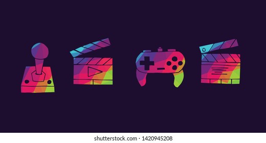 Vector Illustration of Rainbow Polygon Set Collection of Gaming Controller and Film Play Icons. Graphic Design For Background, Poster, Card, Wallpaper, Decoration, Template, Logo and More.