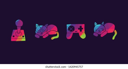 Vector Illustration of Rainbow Polygon Set Collection of Gaming Controller and Cat Animal Icons. Graphic Design For Background, Poster, Card, Wallpaper, Decoration, Template, Logo and More.