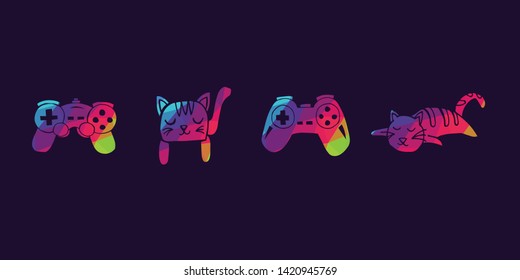 Vector Illustration of Rainbow Polygon Set Collection of Gaming Controller and Cat Animal Icons. Graphic Design For Background, Poster, Card, Wallpaper, Decoration, Template, Logo and More.