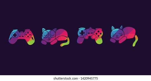 Vector Illustration of Rainbow Polygon Set Collection of Gaming Controller and Cat Animal Icons. Graphic Design For Background, Poster, Card, Wallpaper, Decoration, Template, Logo and More.