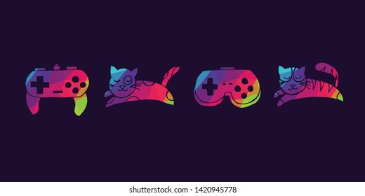 Vector Illustration of Rainbow Polygon Set Collection of Gaming Controller and Cat Animal Icons. Graphic Design For Background, Poster, Card, Wallpaper, Decoration, Template, Logo and More.