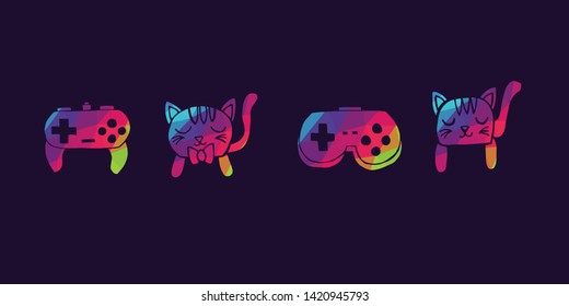 Vector Illustration of Rainbow Polygon Set Collection of Gaming Controller and Cat Animal Icons. Graphic Design For Background, Poster, Card, Wallpaper, Decoration, Template, Logo and More.