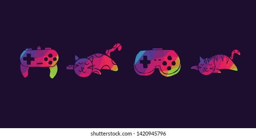 Vector Illustration of Rainbow Polygon Set Collection of Gaming Controller and Cat Animal Icons. Graphic Design For Background, Poster, Card, Wallpaper, Decoration, Template, Logo and More.