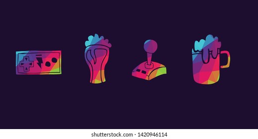 Vector Illustration of Rainbow Polygon Set Collection of Gaming Controller and Beer Drinks Icons. Graphic Design For Background, Poster, Card, Wallpaper, Decoration, Template, Logo and More.