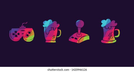Vector Illustration of Rainbow Polygon Set Collection of Gaming Controller and Beer Drinks Icons. Graphic Design For Background, Poster, Card, Wallpaper, Decoration, Template, Logo and More.