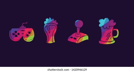Vector Illustration of Rainbow Polygon Set Collection of Gaming Controller and Beer Drinks Icons. Graphic Design For Background, Poster, Card, Wallpaper, Decoration, Template, Logo and More.