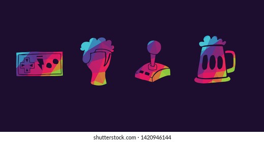Vector Illustration of Rainbow Polygon Set Collection of Gaming Controller and Beer Drinks Icons. Graphic Design For Background, Poster, Card, Wallpaper, Decoration, Template, Logo and More.