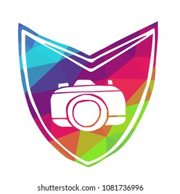 Vector Illustration of Rainbow Polygon Shield Banner Camera for Logo, Shirt and Print. Flat Line Icon, Sign, Symbol, Graphic Design Outline Silhouette EPS10.