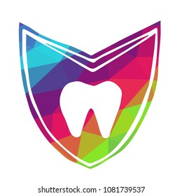Vector Illustration of Rainbow Polygon Shield Banner Tooth for Logo, Shirt and Print. Flat Line Icon, Sign, Symbol, Graphic Design Outline Silhouette EPS10.