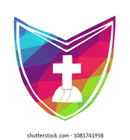 Vector Illustration of Rainbow Polygon Shield Banner Cross God Religion for Logo, Shirt and Print. Flat Line Icon, Sign, Symbol, Graphic Design Outline Silhouette EPS10.