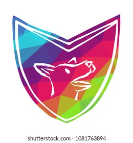 Vector Illustration of Rainbow Polygon Shield Banner Dog Animal for Logo, Shirt and Print. Flat Line Icon, Sign, Symbol, Graphic Design Outline Silhouette EPS10.