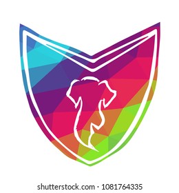 Vector Illustration of Rainbow Polygon Shield Banner Dog Animal for Logo, Shirt and Print. Flat Line Icon, Sign, Symbol, Graphic Design Outline Silhouette EPS10.