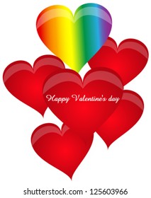 Vector illustration. Rainbow and red hearts