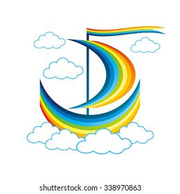 Vector illustration. Rainbow sailboat floats in the clouds.