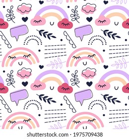 Vector illustration. Rainbow seamless pattern with clouds and eyes, graphic elements and leaves. For printing on fabric and paper, for wall decoration. For kids.