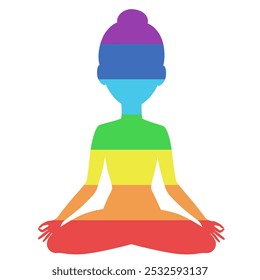 Vector illustration of rainbow silhouette of girl practicing meditation in lotus yoga pose. Yoga meditation workout. Yoga woman icon for healthy life conception.