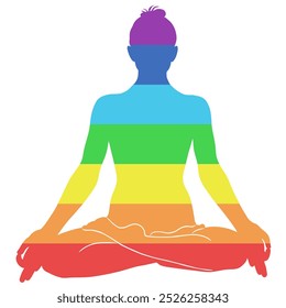 Vektorgrafik der Regenbogen-Silhouette einer Frau, die Meditation in Padmasana Yoga-Pose praktiziert. Yoga-Meditationstraining. Yoga Mädchen Ikonen für gesunde Lebenskonzeption.