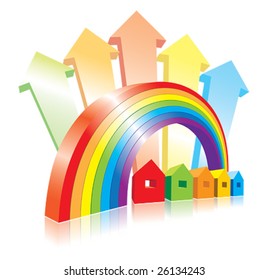 Ilustración de vectores con arco iris y pequeñas casas