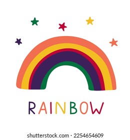 Vector Illustration with rainbow, stars and lettering. Lovely nursery art.