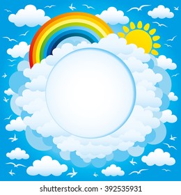 Vector illustration. Rainbow, sun and clouds background with space for text.