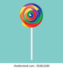 Vector illustration rainbow swirl lollipop on blue background. Colorful lollipop icon. Candy lollipop sweet food sugar caramel