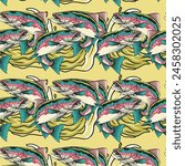 Vector Illustration of Rainbow Trout Fish and Waves with Vintage Illustration Available for Pattern