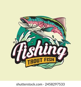 Vector Illustration of Rainbow Trout Fish and Waves with Vintage Illustration Available for Fishing Badge