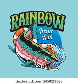Ilustración vectorial de peces trucha arco iris con neumático flotante y olas con la ilustración de Antiguas disponible para la insignia de pesca