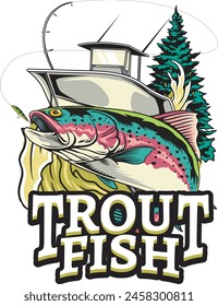 Vector Illustration of Rainbow Trout Fish with Boat, Fishing Rod and Waves in Nature view with Vintage Illustration Available for Fishing Badge