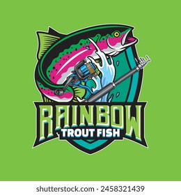 Vector Illustration of Rainbow Trout Fish with Fishing Rod and Waves on Vintage Illustration Available for Fishing Badge