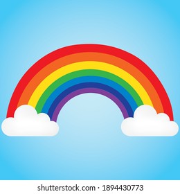 Vector illustration with a rainbow and two clouds, on a blue background