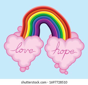 Vektorillustration-Illustration eines Regenbogens mit zwei rosafarbenen, herzförmigen Wolken an jedem Ende mit Liebe und Hoffnungsbotschaften