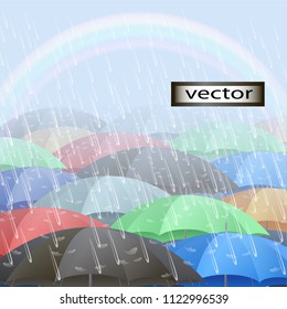 Vector illustration of rainbow umbrellas in the rain, rainy weather, cloudy weather, precipitation is a set of realistic isolated