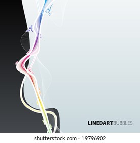 Vector illustration of a rainbow wave with lined art flows and colorful bubbles on a black and blue background.