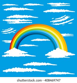 Vector illustration. Rainbow and white clouds in the blue sky.