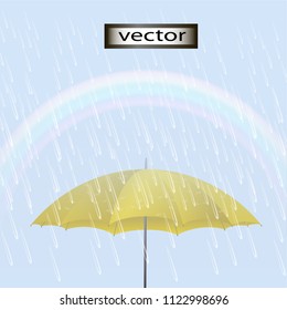 Vector illustration of rainbow yellow umbrella in the rain, rainy weather, cloudy weather, precipitation is a set of realistic isolated