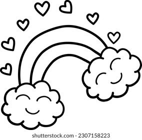 Ilustración vectorial de arcos, nubes y corazones. Arcoiris, nubes de amor y corazones, ilustración en blanco y negro. Diseño de nube, pegatinas, insignia, diseño de ropa, carácter meteorológico.