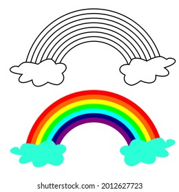 vector illustration of rainbows and clouds, some are colored and some are from black and white lines for coloring
