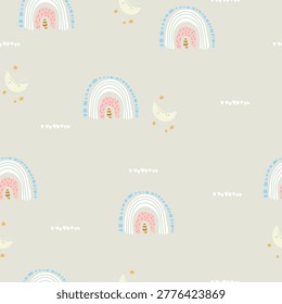 Vector illustration with rainbows , hearts, moon and stars. Hand drawn rainbows kids seamless pattern.