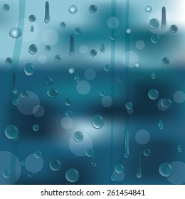 Vector illustration. Raindrops on glass. Blurred backdrop.