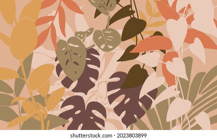 Vector illustration of rainforest. Modern tropical print. Colorful leaves on beige background.