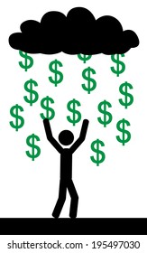 Vector / illustration. Raining with dollars and a man is trying to catch them all.