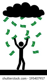 Vector / illustration. Raining with money and a man is trying to catch them all.
