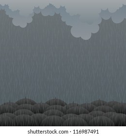 Vector illustration of raining weather with umbrellas below.