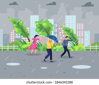 Vector illustration Rainstorm concept. People walk during rainstorm with cityscape background. Natural disaster and Extreme weather concept. Vector illustration in a flat style