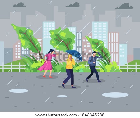 Vector illustration Rainstorm concept. People walk during rainstorm with cityscape background. Natural disaster and Extreme weather concept. Vector illustration in a flat style