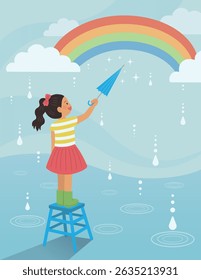 Vector illustration of a rainy day with a girl drawing a rainbow with an umbrella