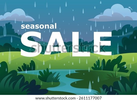 Vector illustration of rainy day with place for text about seasonal sale. Beautiful hand drawn nature landscape. Cloudy day. Separately adjusted layers. Rain clouds, fields, bushes, stream.